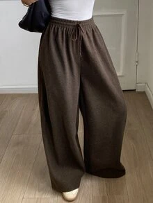 DAZY Solid Color Loose Drawstring Elastic Waist Curved Leg Pants Casual Streetwear Korean Style Thickened Long Pants For Women Autumn/Winter Vacation - Brown - View 4