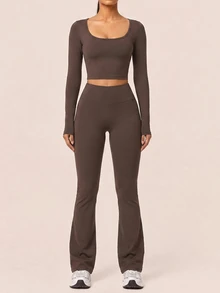 SHEIN BAE Setelan Atasan Lengan Panjang Tanpa Jahitan Wanita dan Legging Pinggang Tinggi untuk Olahraga, Lari, Yoga, Atletik, dan Santai, Warna Cokelat Tua, Cocok untuk Musim Gugur. - Coffee Brown - View 1