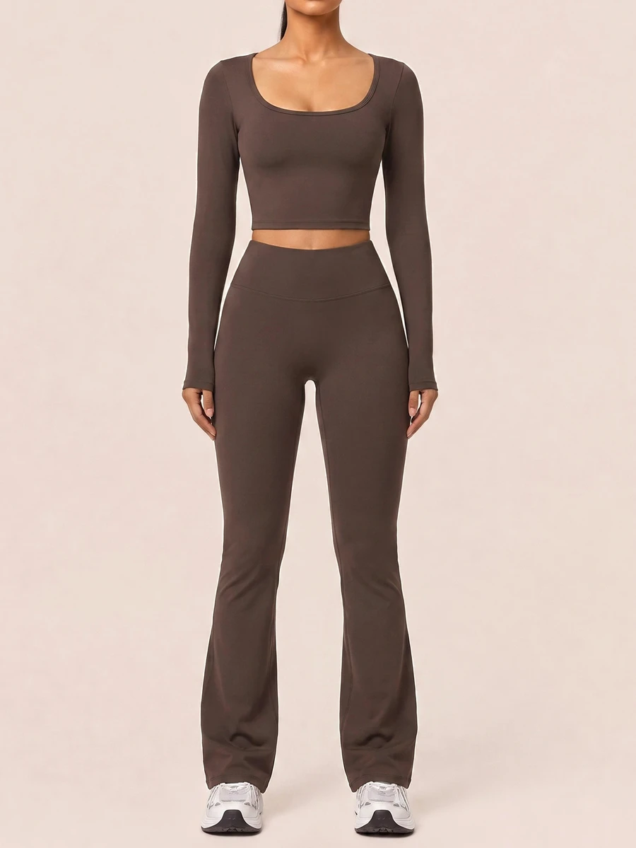 SHEIN BAE Setelan Atasan Lengan Panjang Tanpa Jahitan Wanita dan Legging Pinggang Tinggi untuk Olahraga, Lari, Yoga, Atletik, dan Santai, Warna Cokelat Tua, Cocok untuk Musim Gugur. - Coffee Brown - View 1