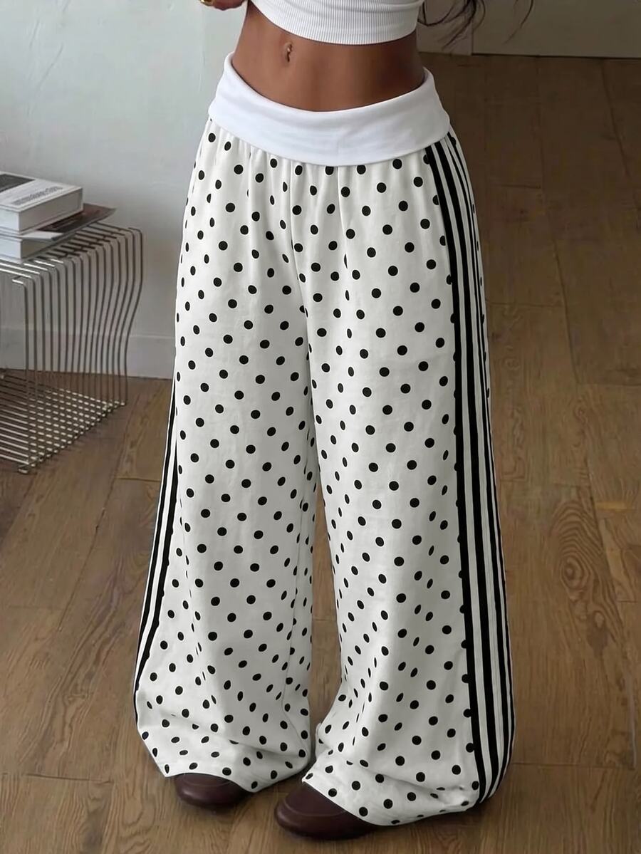 SHEIN 青少年女孩運動長褲,附腰帶,拼接設計,白色底色配黑色波點織帶,對比色,適合秋冬春季 - 白色 - 查看 1