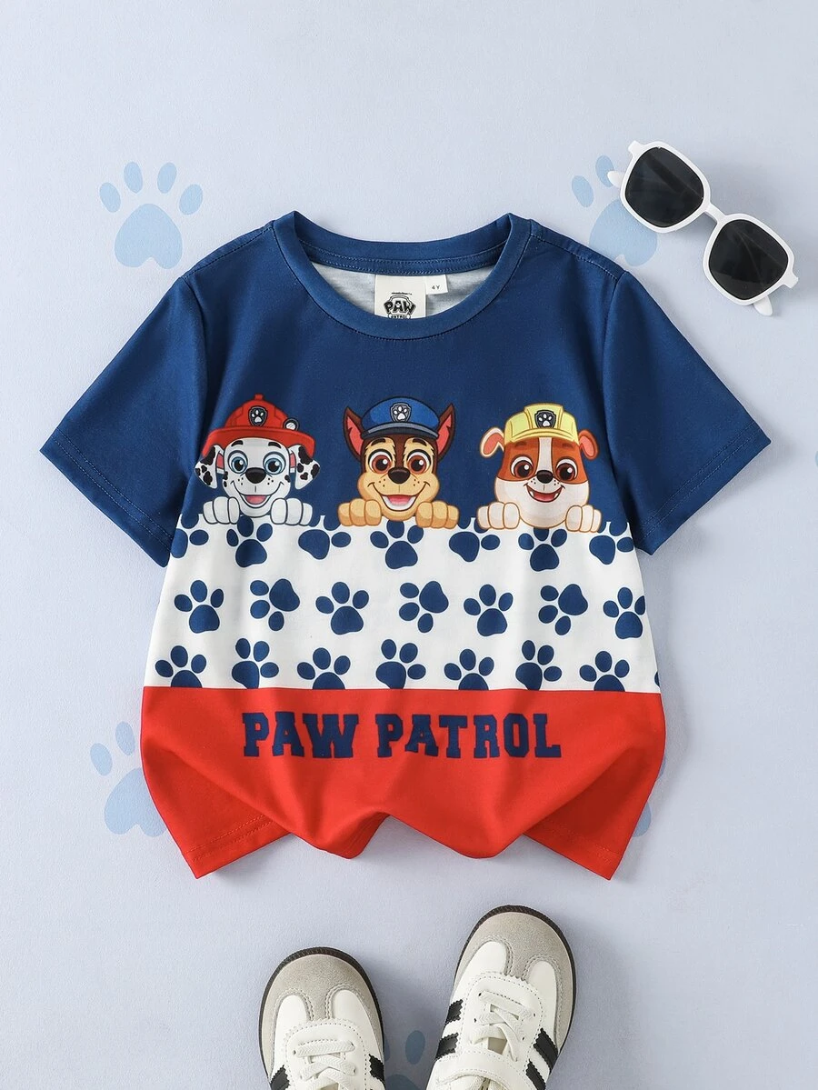 SHEIN | PAW Patrol 小男孩字母卡通圖案休閒日常短袖T恤 - 彩色 - 查看 1
