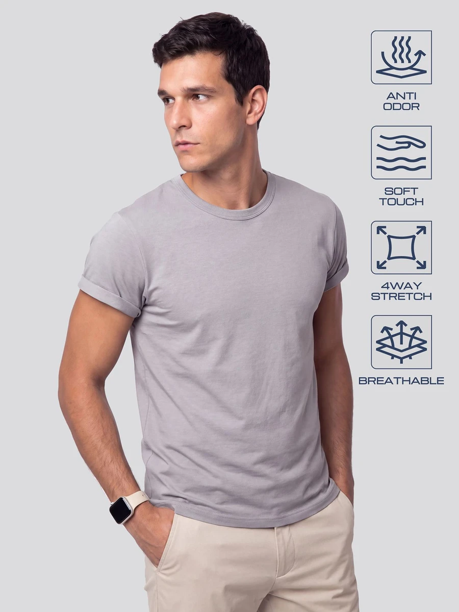 TekDrob Anti-Odor Modal T-Shirt With Crew-Neck And Rolled Tacked Cuffs - Grey - View 1
