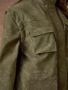 SHEIN BAE Jaket Utility PU Suede Imitasi Warna Hijau Zaitun, Kerah Tegak, Kancing Jepret, Tali Serut di Pinggang dengan Banyak Kantong Berpenutup, Mantel Kasual Gaya Jalanan untuk Musim Gugur dan Musim Dingin - Hijau Tentara - View 7