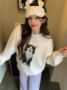 DAZY Cute Cat Pattern Autumn/Winter Knitted 2-Piece Women's Pajama Set - Apricot - View 9