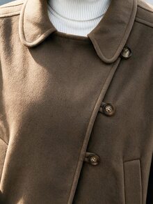 Struktiv Mantel Wol Campuran Serbaguna Wanita Musim Gugur/Dingin, Desain Plaket Asimetris, Potongan Longgar, Warna Polos, Cocok untuk Pemakaian Sehari-hari, Bepergian, Kencan, dan Belanja - Khaki - View 2