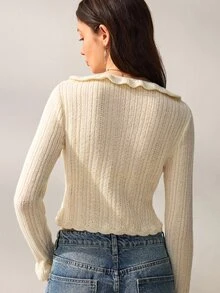 Willow Rêve Cardigan Rajut Pendek Wanita Warna Putih Krem, Kerah Bulat Berkerut dengan Manset Mengembang, Warna Polos Gaya Prancis Kasual Romantis, Cocok untuk Kencan dan Pesta Musim Gugur - Krim - View 2