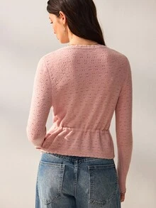 Willow Rêve Women's Dusty Pink V-Neck Cardigan Sweater With Floral Embroidery, Button Front, Drawstring Waist And Long Sleeves, Romantic Cottagecore Autumn Style - Pink - View 2