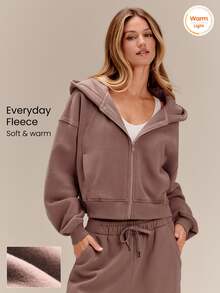 GLOWMODE Everyday Fleece Chilly Days Relaxed Hoodie Jacket With Ribbed Cuffs & Hem Waist-Length Daily Casual Fall Winter Wear - Mocha Brown - View 1