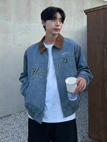 DAZY 男士字母圖案休閒日常長袖夾克 - 藍色 - 查看 5