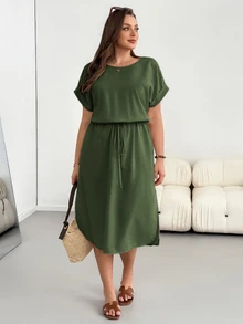 Shapeblank Plus-Size Women's Summer Fashionable Casual Loose Comfortable Everyday Slimming Midi Dress - Army Green - View 7