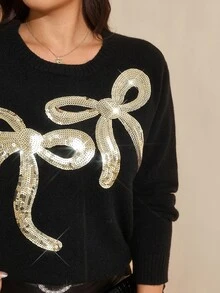 Comfylo Plus Size Women's Sequin Bow Embroidery Round Neck Long Sleeve Sweater - Black - View 8