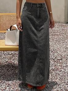 Livesso Women's Cotton High Waist Deep Blue Washed Solid Color A-Line Flared Fitted Denim Skirt Fall - Dark Grey - View 5