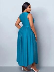 SOLERSUN Plus-Size Women's Fitted Ruched Hem Asymmetric Midi Dress, Perfect For Parties And Gatherings. - Teal Blue - View 6