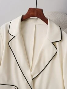 GlowEve CURVE Plus Size Minimalist Shawl Collar Knit Trim Contrast Button Decor Belt Loop Blazer With Pockets And Wide Leg Pants Suit Set - Apricot - View 4