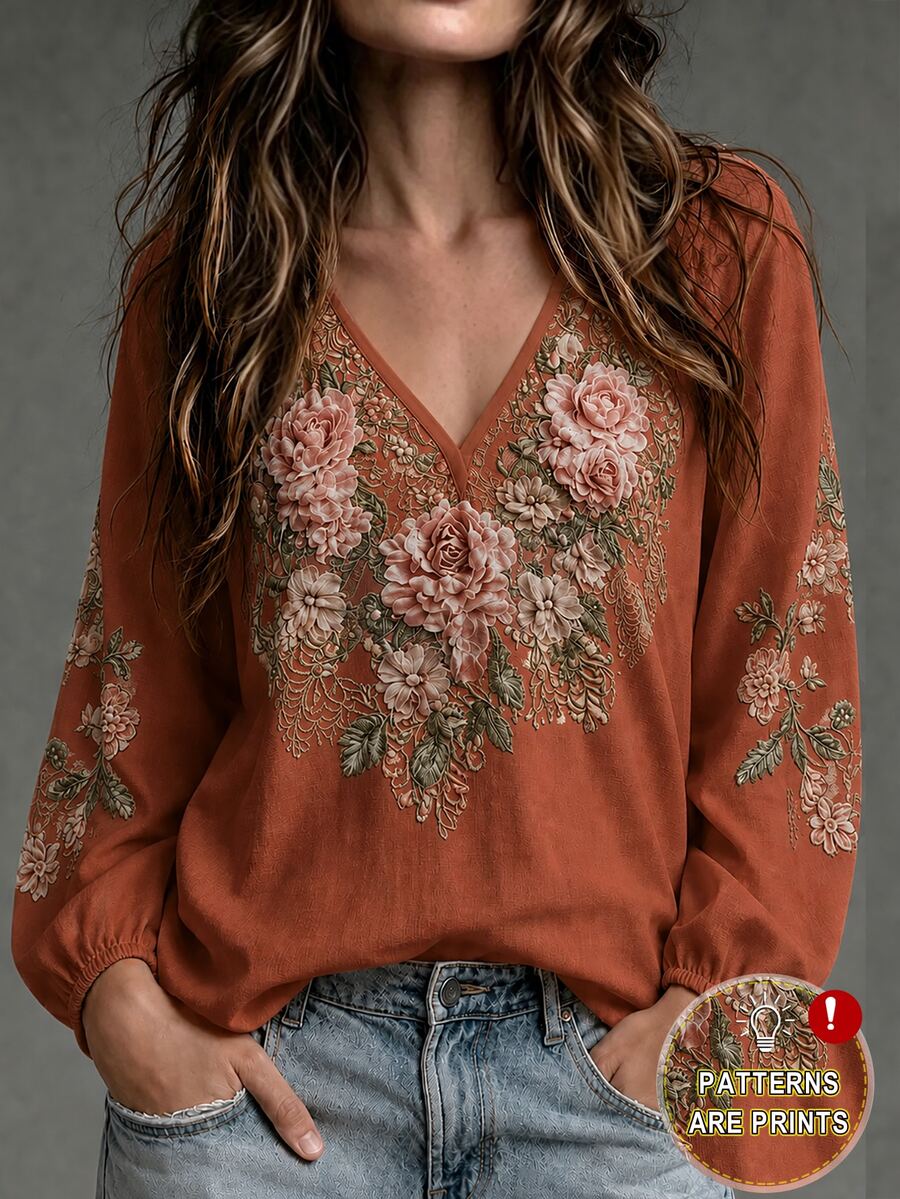 SHEIN Holidaya Autumn Elegant Vacation Long Sleeve Floral Print Women's Blouse, Suitable For Party, Gathering, Shopping, Commuting - Coral Orange - View 1