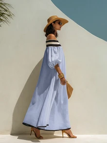 Linhara CURVE Plus Size Striped Elastic Off-Shoulder Puff 3/4 Sleeve Flowy Loose Dress Fall - Blue - View 3