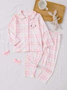 Baby Girl Pink Plaid Lapel Long Sleeve Loungewear Set, Cute Cartoon Expression Rabbit Print Long Sleeve Top And Pants 2-Piece Set - Pink - View 1