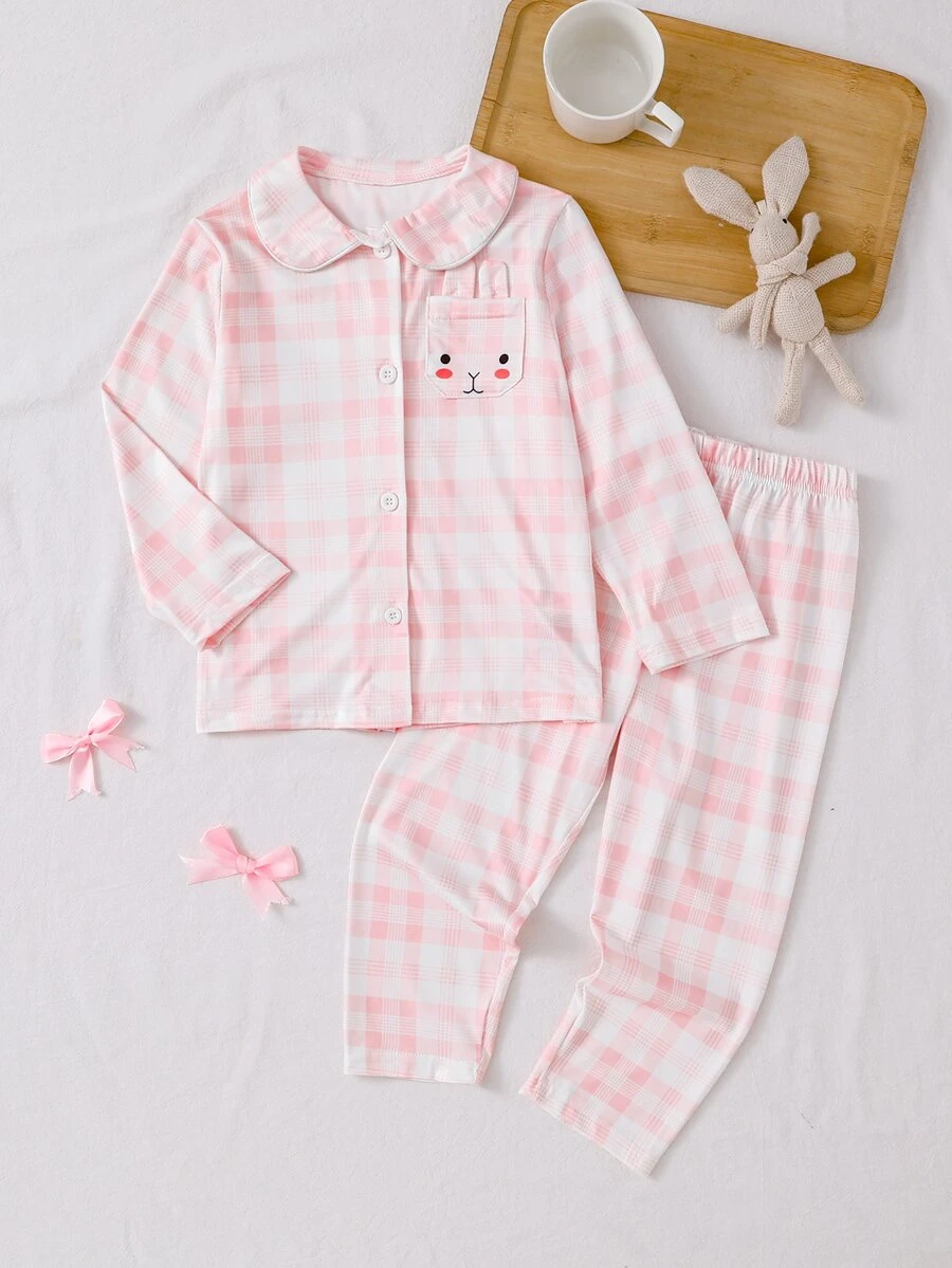 Baby Girl Pink Plaid Lapel Long Sleeve Loungewear Set, Cute Cartoon Expression Rabbit Print Long Sleeve Top And Pants 2-Piece Set - Pink - View 1
