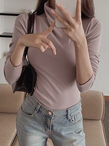 DAZY 女款修身保暖內裡高領套頭T恤 - 卡其色 - 查看 3