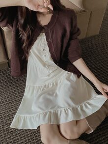 DAZY Kardigan Rajut Wanita Lengan Panjang Longgar Warna Polos dengan Renda, Gaya Kasual Prancis untuk Liburan Musim Semi dan Gugur, Tipis, Cokelat Tua - Coklat - View 2