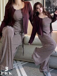 Vibekara Plus Size Solid Color Knit Cardigan, Striped Top With Slim Fit And Drawstring Detail, Elegant Casual Commute Daily Wear, Autumn Essential - Brown - View 1