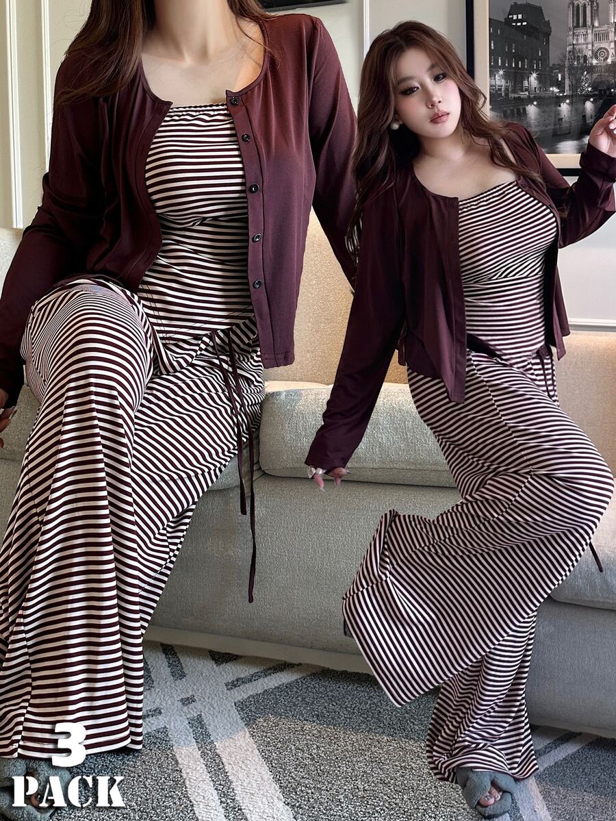 Vibekara Plus Size Solid Color Knit Cardigan, Striped Top With Slim Fit And Drawstring Detail, Elegant Casual Commute Daily Wear, Autumn Essential - Brown - View 1