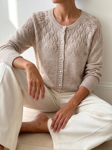 Omancia 女款優雅圓領長袖單排扣開襟針織外套 - 卡其色 - 查看 4