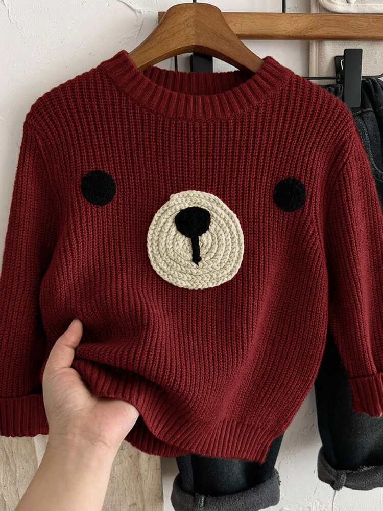 SHEIN LMoss Kids Kids Young Boys' Thick Cute Bear Round Neck Shoulder Pullover Autumn Sweater,Back-To-School Winter Clothes,Comfortable Casual Retro For School Wear - Red - View 3