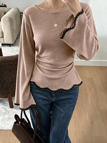 Selianne 女款秋冬收腰抓皺飾帶拼接鏤空波浪下擺休閒通勤T恤 - 棕色 - 查看 3
