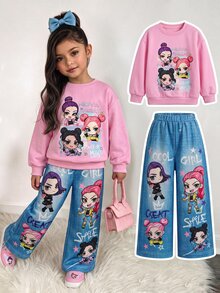 SHEIN 女童甜酷卡通女團風運動衫套裝，街舞休閒兩件套 - 粉色 - 查看 3