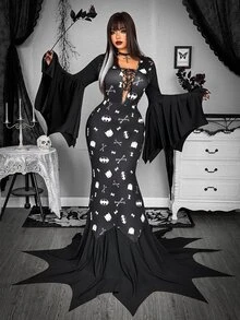 Whyspr BATMAN X SHEIN Plus Size Dark Bone Print Batwing Sleeve Dress Gothic Masquerade Halloween - Black - View 1