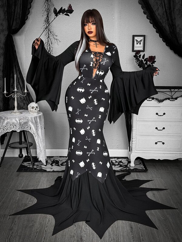 Whyspr BATMAN X SHEIN Plus Size Dark Bone Print Batwing Sleeve Dress Gothic Masquerade