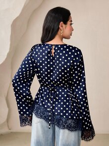 Veilorie 女款波點蕾絲拼接休閒百搭日常穿著襯衫 - 藏蓝色 - 查看 2