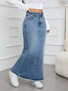Rivivi Summer New Refreshing Loose Plus Size Denim Split Long Skirt - Blue - View 4