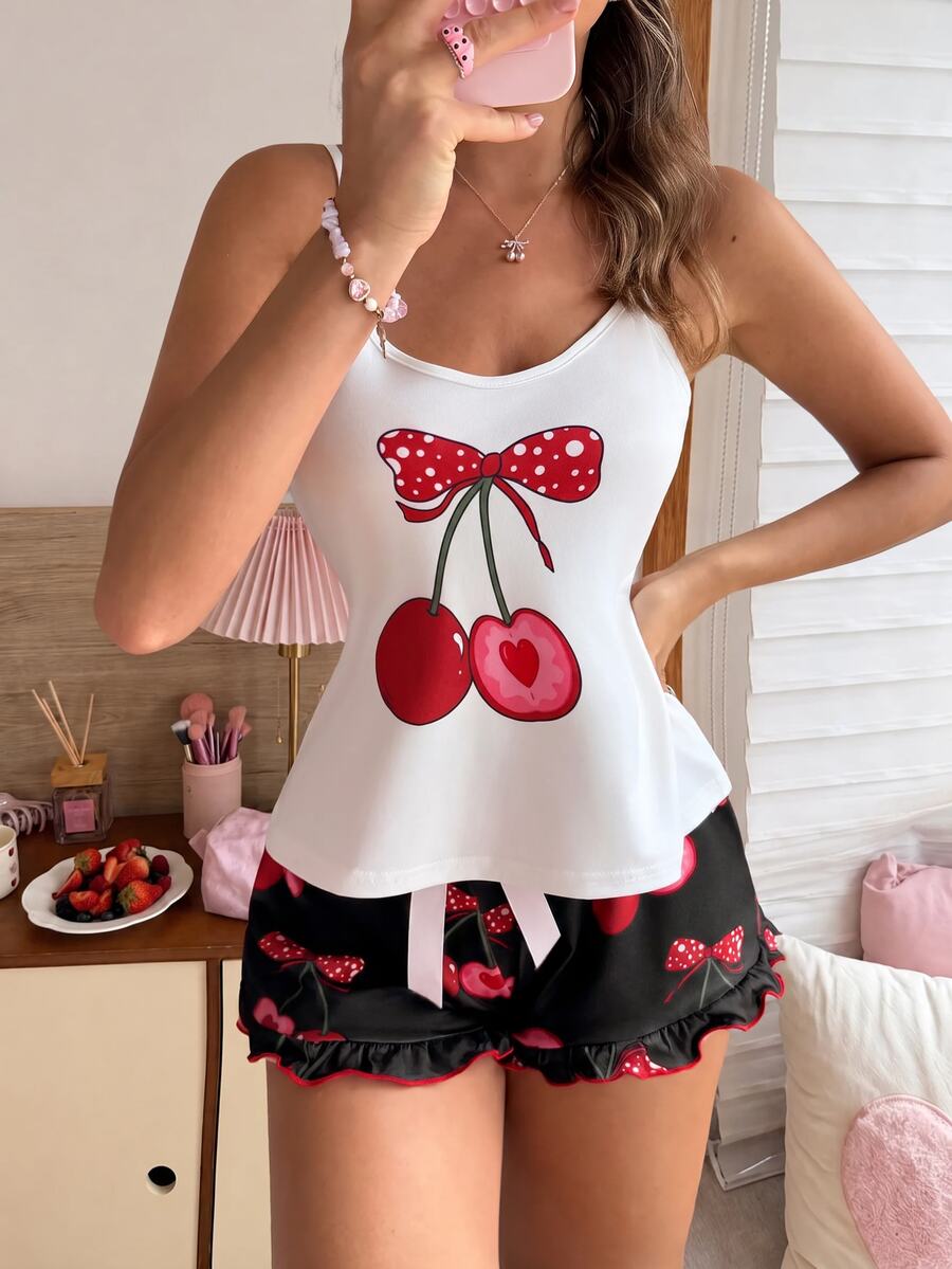 SweetSlumber Women's Sweet INS Colorblock Cherry Print Ruffle Trim Camisole And Pajama Pants Sleepwear Set - Multicolor - View 1