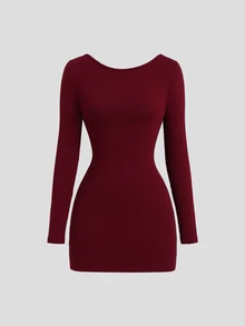 Sweetra Women's Minimalist Burgundy Sexy Backless Bow Decor Fitted Long Sleeve Mini Dress - Burgundy - View 3