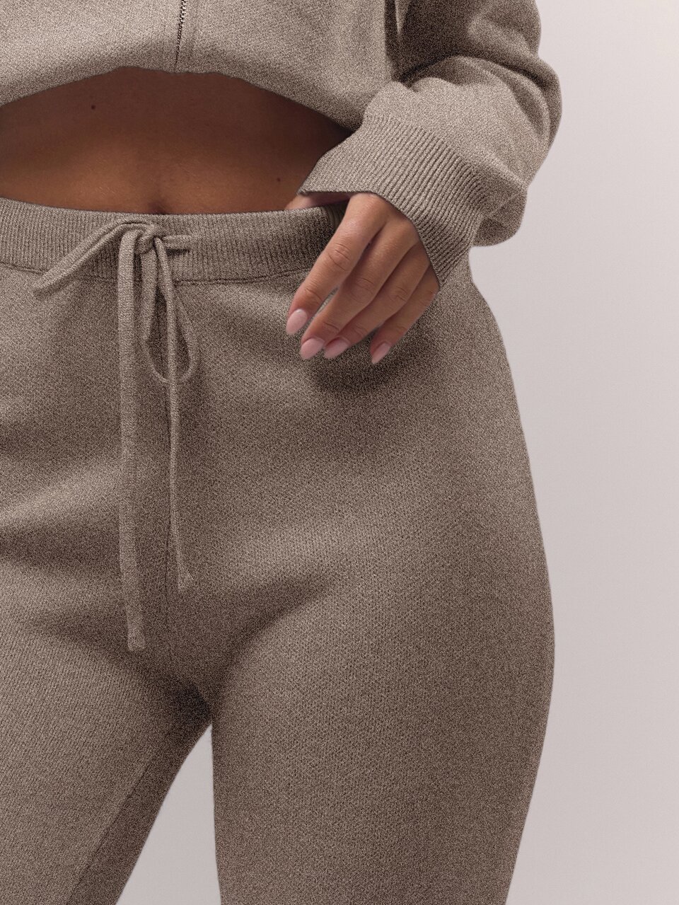 Pantalones de pierna ancha relajados de punto con cintura con cordón en color taupe para mujer pequeña, otoño invierno, vuelta al colegio, uso diario