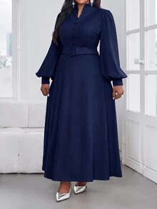 SHEIN Lady 春夏秋冬優雅休閒通勤復古辦公黑色針織立領美人魚喇叭袖長袖上衣 - 藏蓝色 - 查看 6
