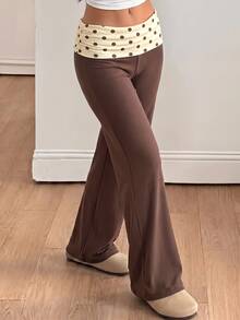 SHEIN Tween Girl Tween Girl Tween Girls Polka Dot Patchwork Coffee Color Casual Long Pants - Multicolor - View 1