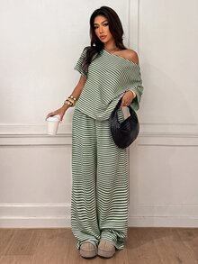 Siren Gaze 女款條紋不對稱領蝙蝠袖T恤與長褲休閒兩件套 - 軍綠色 - 查看 5