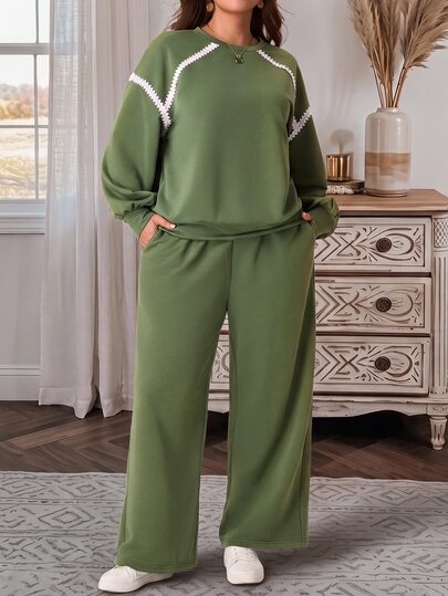 Rosumi Plus Size Women's Crew Neck Long Sleeve Sweatshirt And Wide Leg Pants Casual 2 Pieces Set