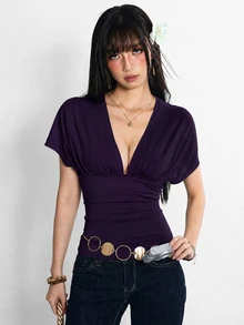 Rina Fox 女款薄荷藍深V領露背繫帶短袖性感修身上衣 - 紫色 - 查看 3