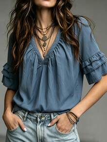Glimmora Double Layer Ruffle Mid-Sleeve Pleated Loose Vintage Casual Shirt - Royal Blue - View 3