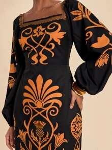Travachic Women's Floral Print Square Neck Lantern Sleeve Elegant Midi Dress - Black and Yellow - View 1