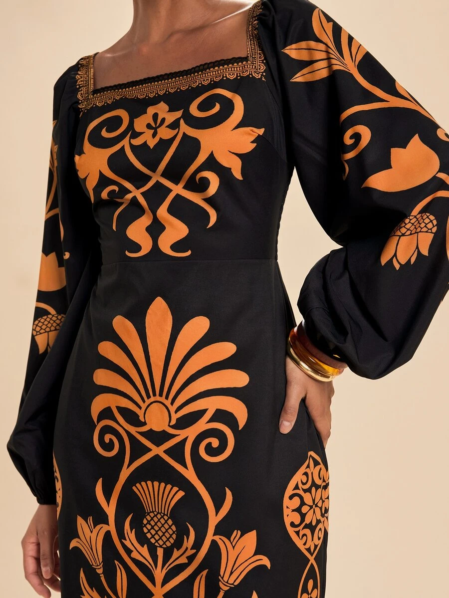 Travachic Women's Floral Print Square Neck Lantern Sleeve Elegant Midi Dress - Black and Yellow - View 1