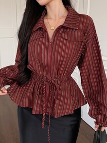 Livesso 女款條紋落肩長袖腰部綁帶前開襟拉鍊夾克外套 秋季 - 酒紅色 - 查看 3