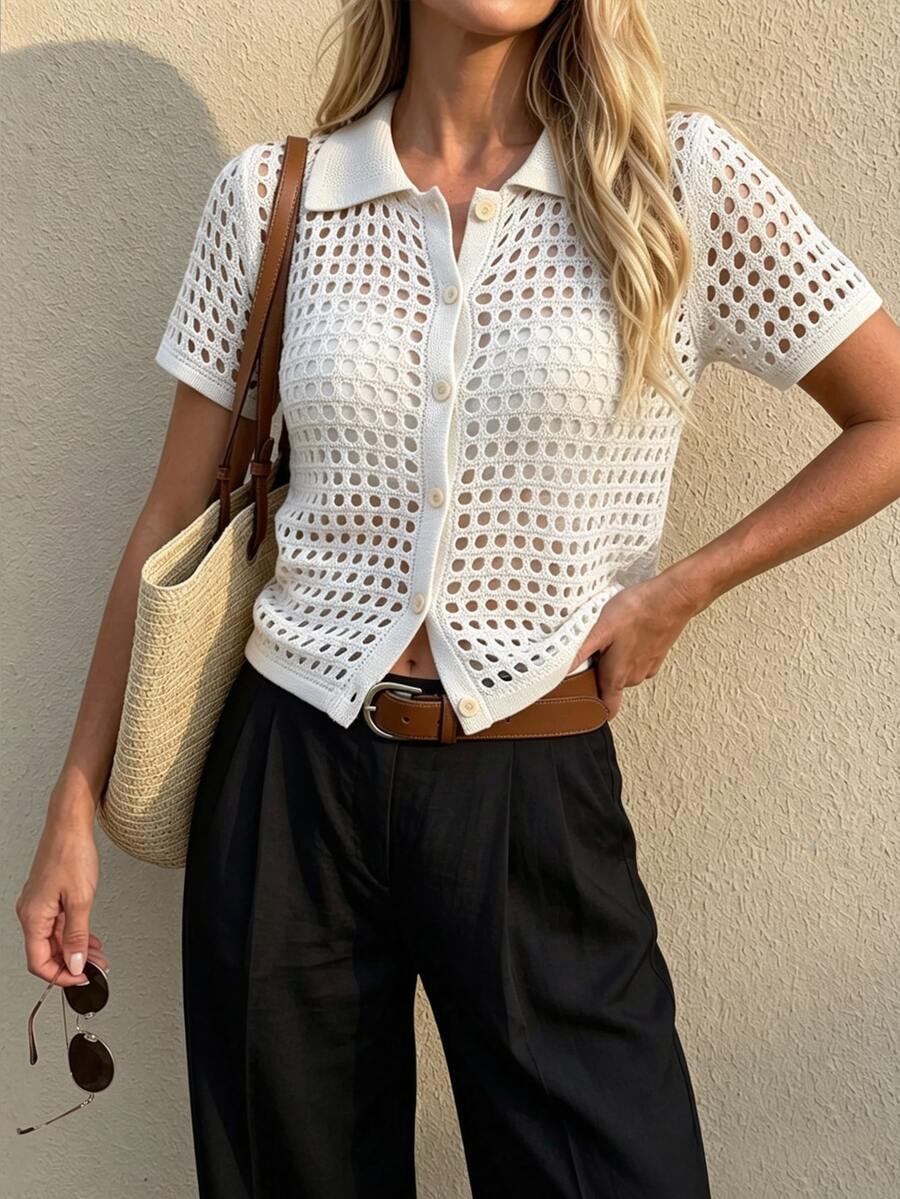 Cévolie Short Sleeve Hollow Out Button-Up Knit Cardigan, Fashionable Versatile Youthful Top - White - View 1