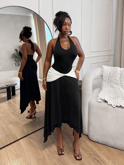 SHEIN BamGlam Elegancka damska sukienka z dekoltem halter, kolorowymi blokami i wiązaniem w talii