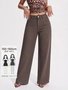 SHEIN PETITE 女款休閒百搭牛仔褲，附口袋與鈕扣設計，適合日常穿著 - 棕色 - 查看 1