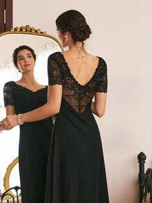 Côtesoire Women's French Elegant Lace Long Nightgown - Black - View 1